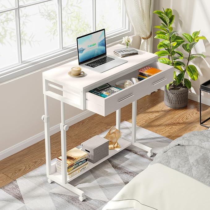 Tribesigns Portable Desk with Drawers, Mobile Laptop Desk with Wheels, Sofa Side Table Bed Desks, Small Standing Desk for Home Office (White)