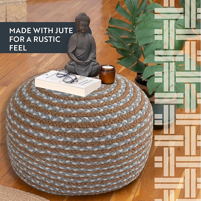 Dekorist Round Ottoman Pouf Footstool Jute Pouffe Stool Seat Cushion Boho Home Decor Extra Seating Pouffe for Living Room, Bedroom, Indoor, Artic Circle 22x22x12 inch, Natural-Cold Blue