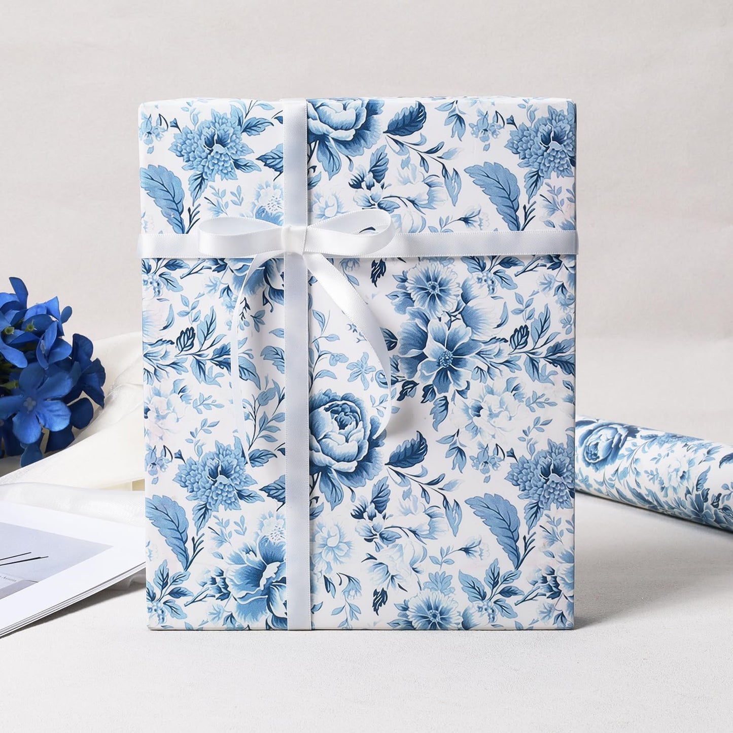 BIOBROWN Floral Wrapping Paper Jumbo Roll - 30 Inch X 33 Feet (82.5 sq. ft. ttl.) Blue White Peony Design Chinoiserie Gift Wrap Stone Paper for Wedding, Bridal Shower, Mother's Day
