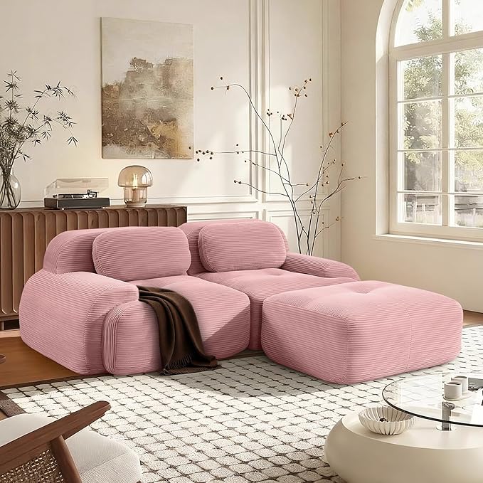 SoarFlash 81” Sectional Cloud Boneless Sofa Couches for Living Room-2 Seater L-Shaped Modern Lounge Couch-No Assembly Modular Corduroy Convertible Sponge Sleeper Sofas with Chaise for Home House,Pink