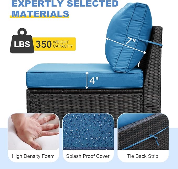 SunloungeCo 2 Piece Outdoor Wicker Armless Sofa, Patio Rattan Sectional Sofa Set with Thick Seat Cushions and 2 Back Cushions for Garden Patio, Backyard, Poolside Peacock Blue