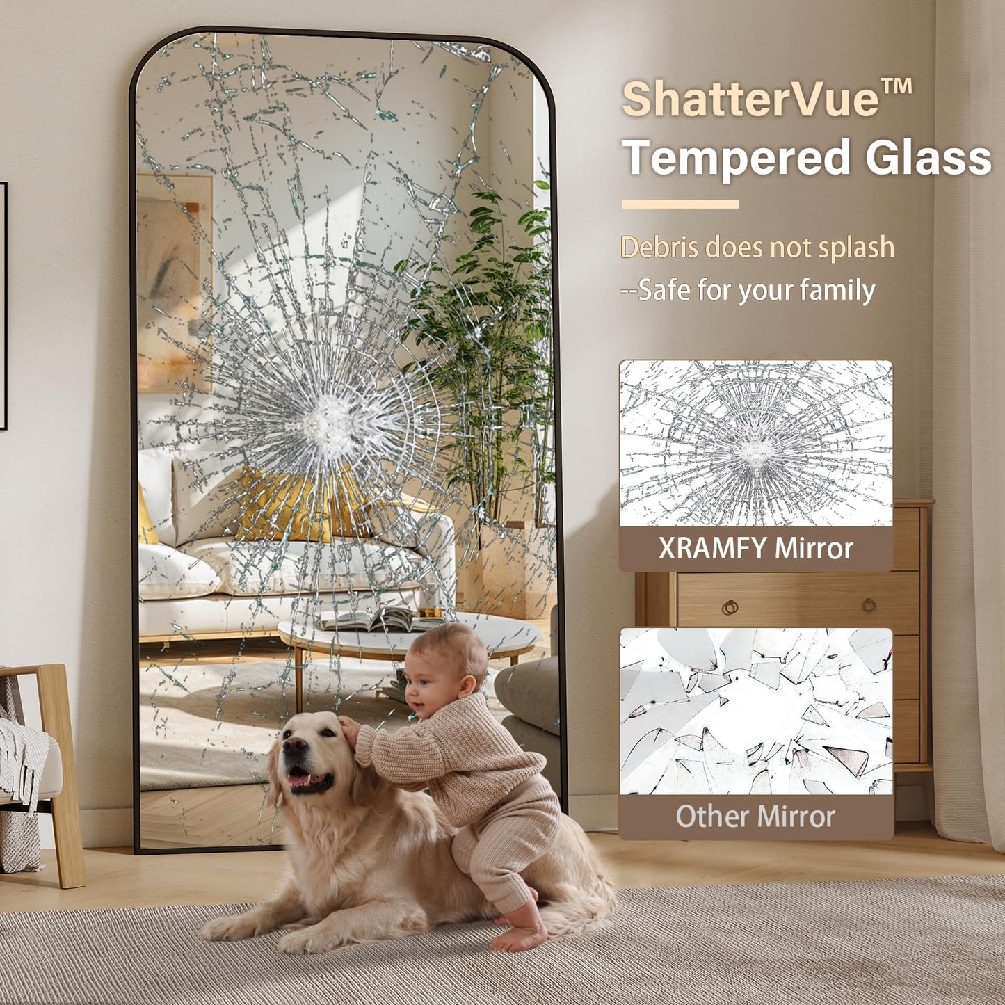 XRAMFY Full Length Mirror - Large Floor Standing & Wall Mountable Full Body Mirror with Sturdy Aluminum Frame, Arched Top Design, Freestanding or Hanging for Bedroom, Living Room, Cloakroom,Black