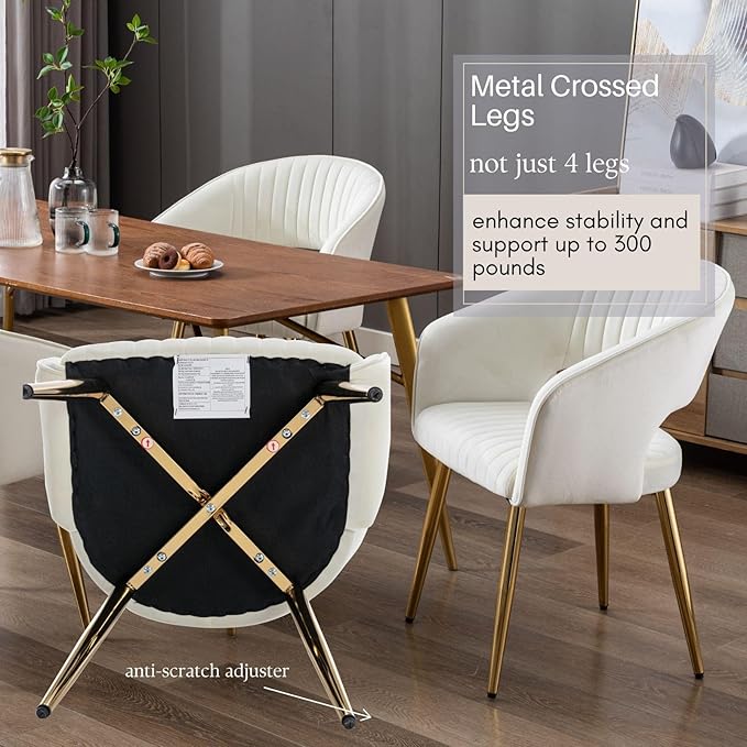 COMULER Cream Velvet Dining Chairs Gold Legs, Modern Dining Room Chairs with Arms Set of 4 Upholstered Accent Chair Armchair with Barrel Back for Kitchen Living Room