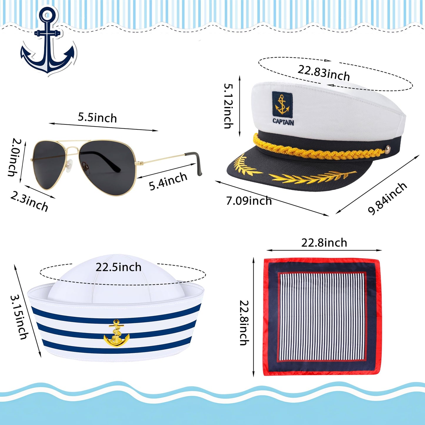 Captain Hat and Sunglasses Set, Adjustable Sailor Skipper Cap Marines Costume Accessory for Men Women Kids, Yacht Rock Party Boat Hat for Adult Halloween Cosplay