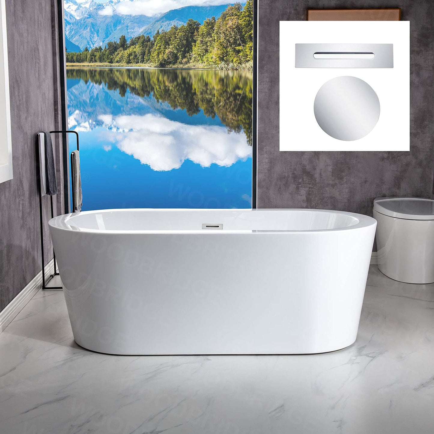 WOODBRIDGE 59" Acrylic Freestanding Bathtub Contemporary Soaking White Tub with Chrome Overflow and Drain, B0012 -C-Drain &O
