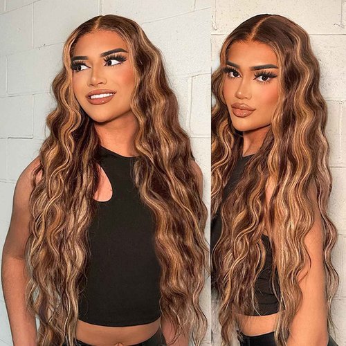 Hepnok Honey Blonde Highlight Wig Human Hair Ombre Body Wave 13x6 HD Lace Front Wigs Human Hair Pre Plucked 200% Density P4/27 Brown Highlight Colored Lace Frontal Glueless Wigs for Women 20 Inch