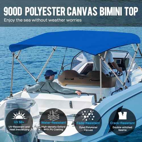 Caminor 4 Bow Bimini Top Replacement Canvas with Light Hole and Storage Boot, 900D Heavy Duty Waterproof Bimini Top Canvas Only Without Frame, 8'L 73"-78" W Blue