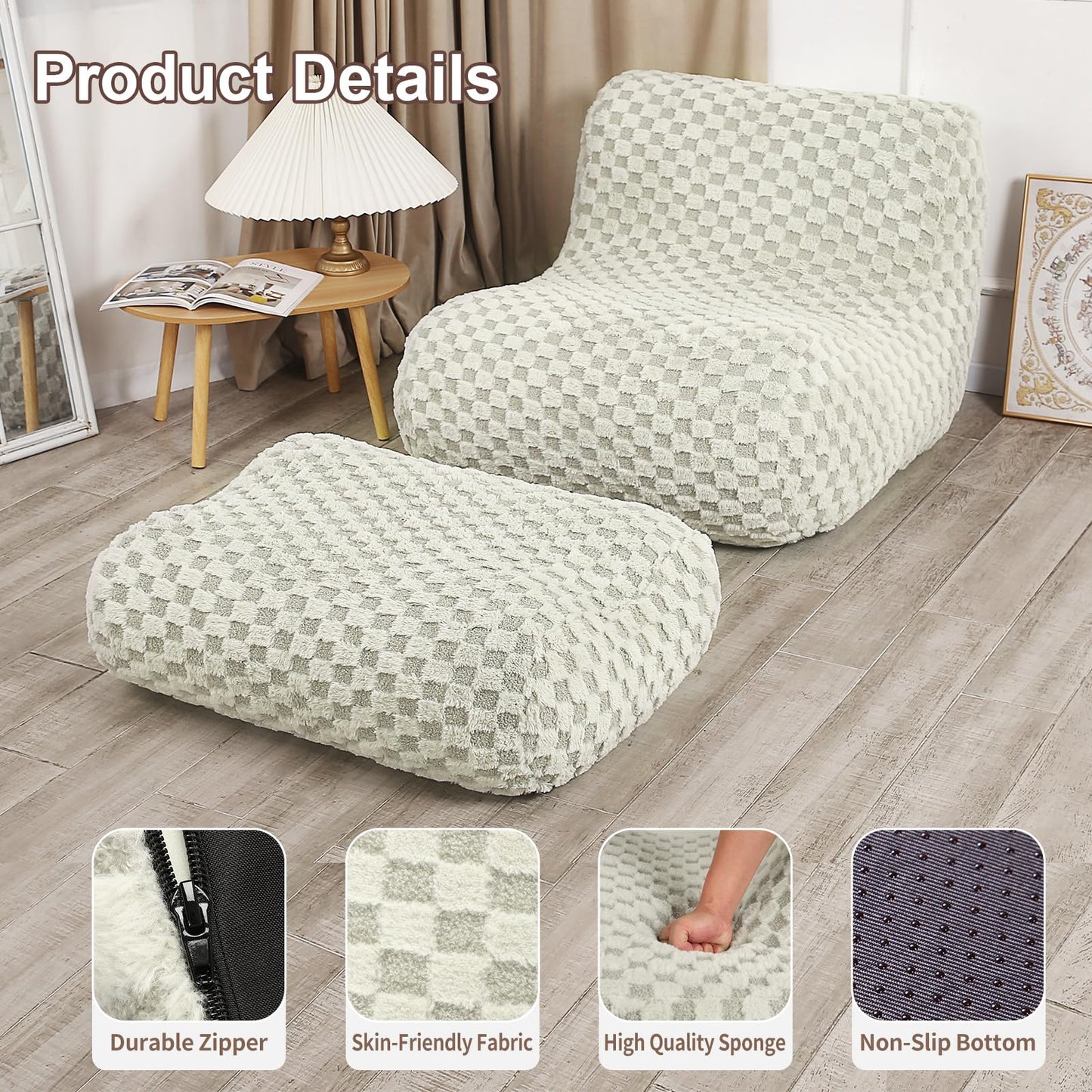 LOVMOC Bean Bag Chair with Footstool, Comfy Reading Sofa Chair for Adults, Modern Floor Sofa for Livingroom, Bedroom, Green
