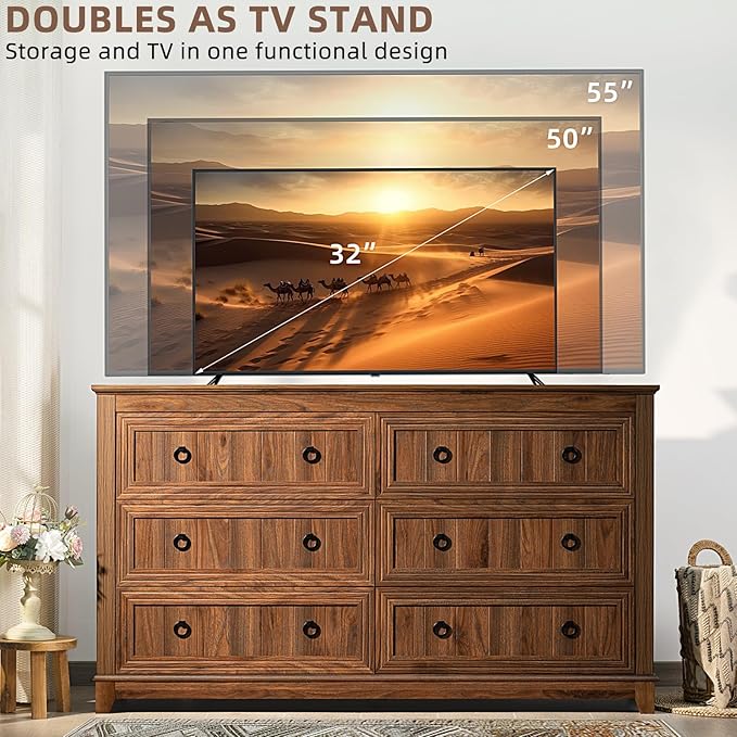 Joaxswe Farmhouse Dresser and Nightstand Sets, Furniture Sets 18" Night Stand with Charging Station and 6 Drawers Dressers for Bedroom, 54" Dressers and Nightstand Set for Bedroom, Living Room