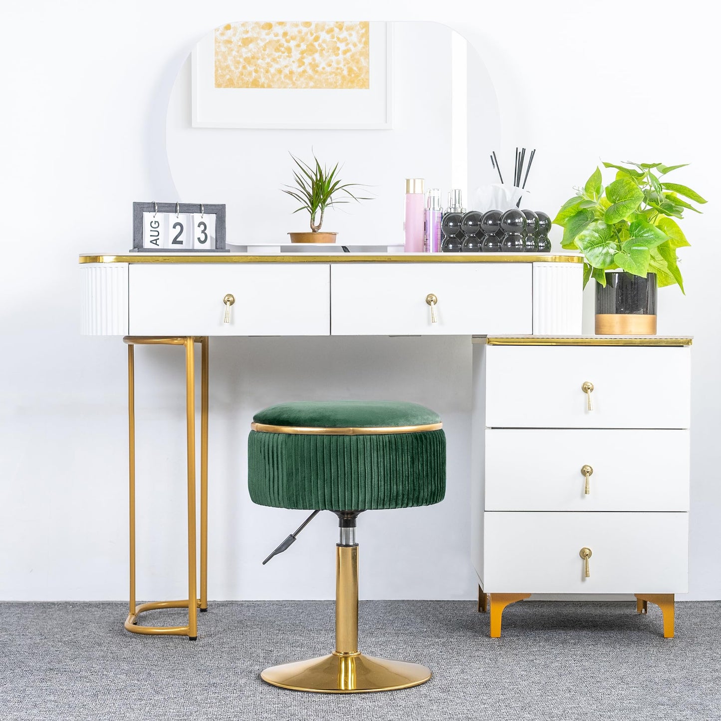 LITZFUR Velvet Vanity Stool for Makeup Room, Round Storage Ottoman Height Adjustable Gold Vanity Chair, 360° Swivel Footrest for Living Room Bedroom, Dark Green