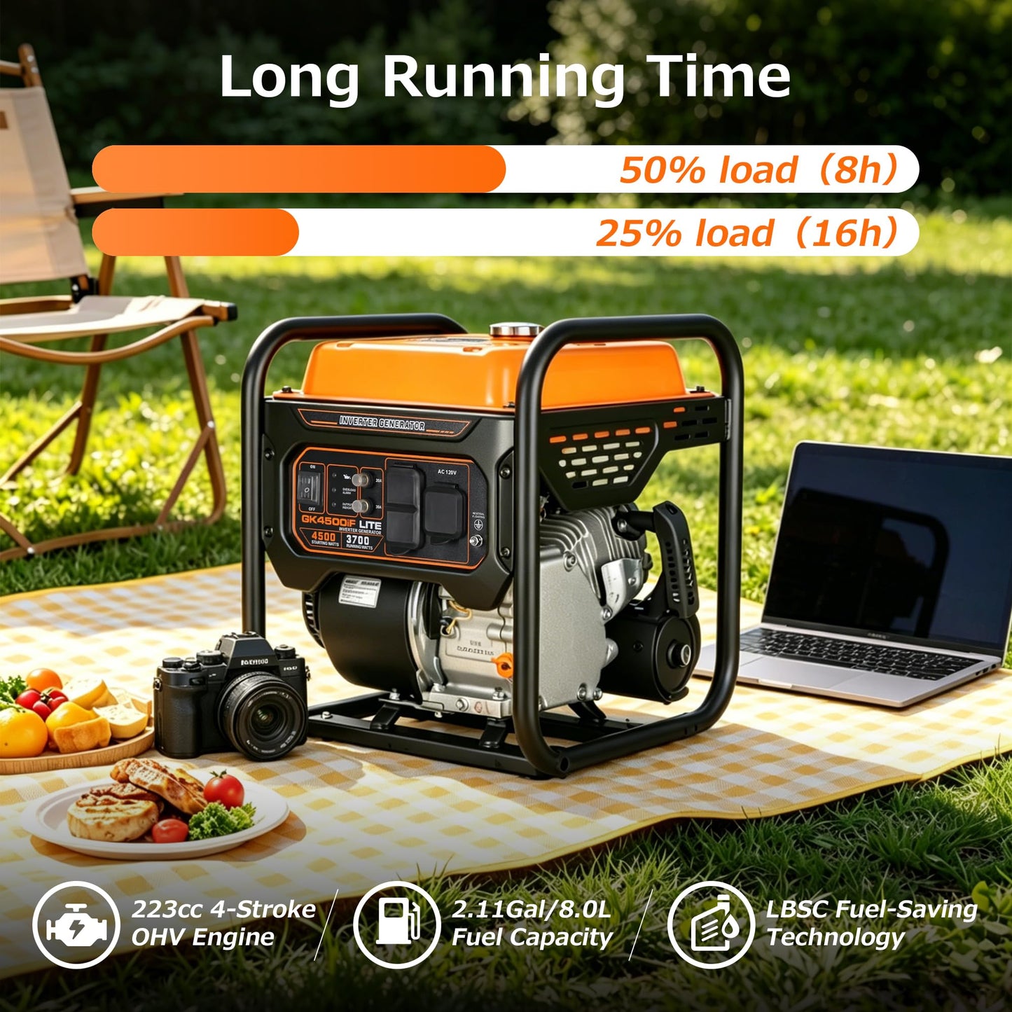 Genkins 4500 Watt Open Frame Inverter Generator 30 Amp Pure Sine Wave Noise Reduced 50% 55lbs EPA complied Gas Powered