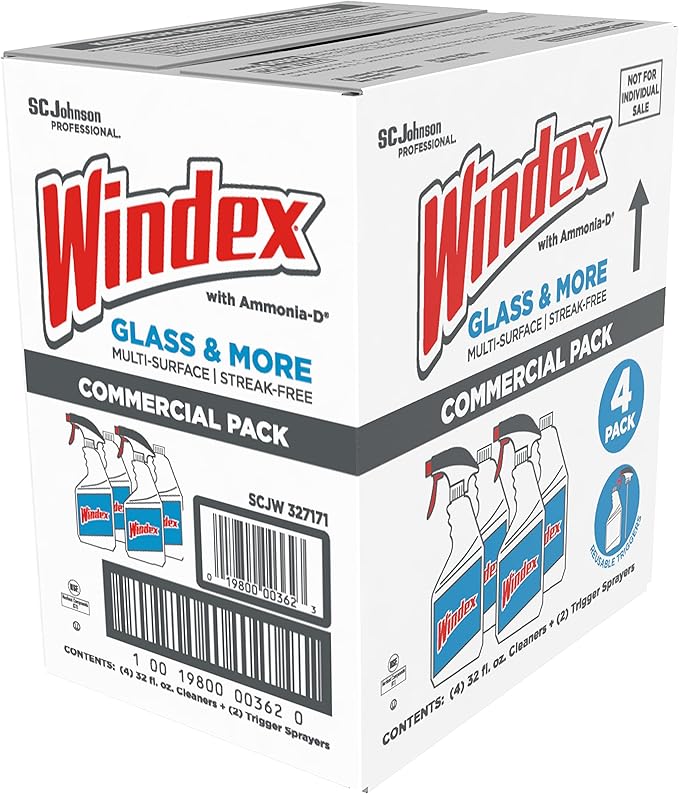 SC Johnson Professional Windex Original Glass Cleaner, Fresh Scent, 32 oz Spray Bottle, 4/Carton (327171)