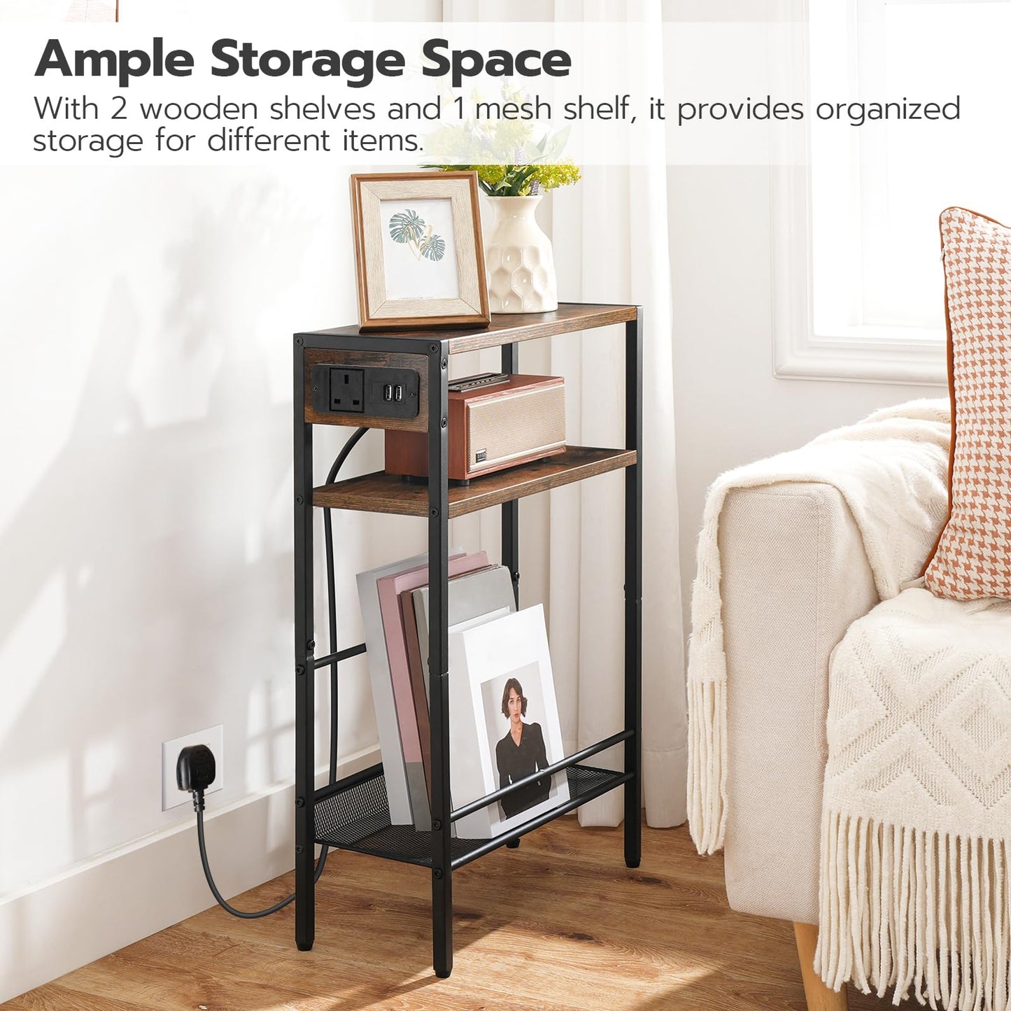 HOOBRO Slim Side Table with Charging Station, Narrow Bedside Table for Small Spaces, 3-Tier End Table with USB Ports and Power Outlet, Rustic Brown and Black EBF102KBZ01