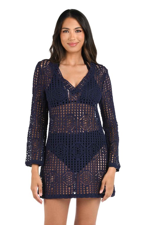La Blanca Women's Long Sleeve Mini Dress Swimsuit Cover Up, Indigo//Waverly Covers, Large