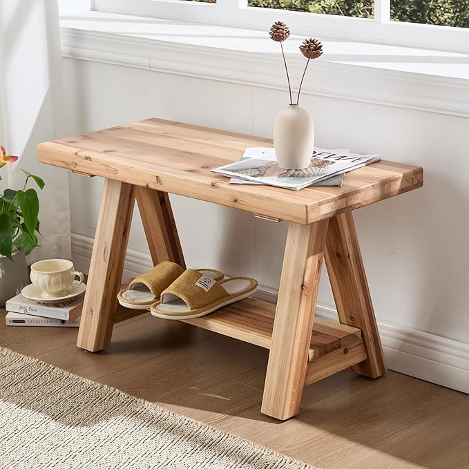 Janoray 30" Entryway Bench with Storage Farmhouse Narrow Dining Bench Shoe Rack Small Wooden Benches Holds up to 300lbs for Hallway Living Room Dining Room Bedroom，2 Tiers, Natural