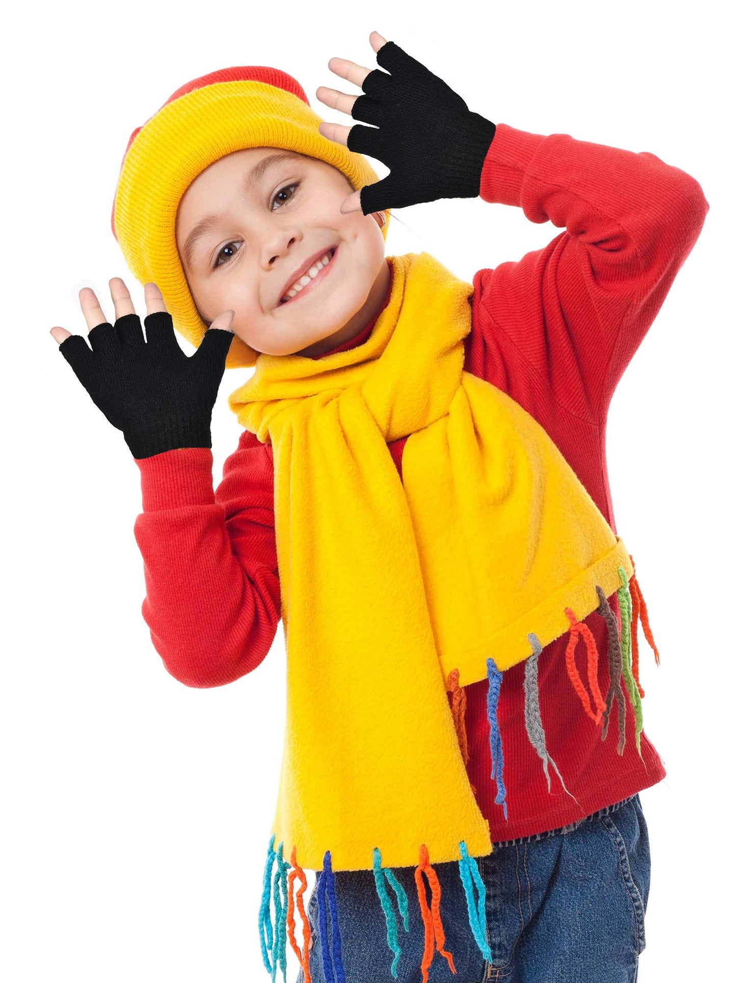 Bememo 4 Pairs Fingerless Gloves Half Finger Mittens Winter Solid Color Typing Knitted Gloves for Boys and Girls(Black)