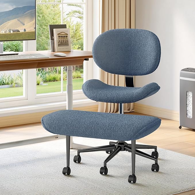 Cross Legged Office Chair with Wheels for ADHD, Ergonomic 360° Swivel Height-Adjustable Meditation Chair for Yoga, Wide Kneeling Chair with Strong Lumbar Support, Teddy Fabric, Blue