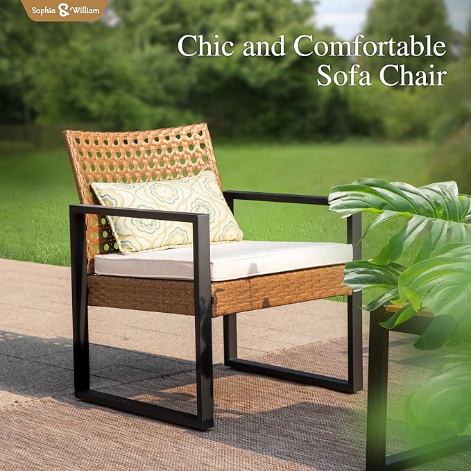 Sophia & William 4 Pieces Patio Conversation Set, Wicker Outdoor Furniture Set for 4, All Weather Outdoor Seating Set, Rattan Loveseat & Single Chairs with Cushions & Acacia Wood Coffee Table, Beige