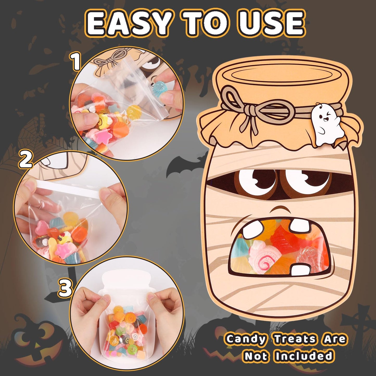 CCINEE Halloween Mason Jar Candy Bags with Cards, 50 Pack Greeting Candy Cards with Clear Treat Bags for Halloween Party Favors DIY Crafts Trick or Treat Classroom Events Exchange Gift Supplies