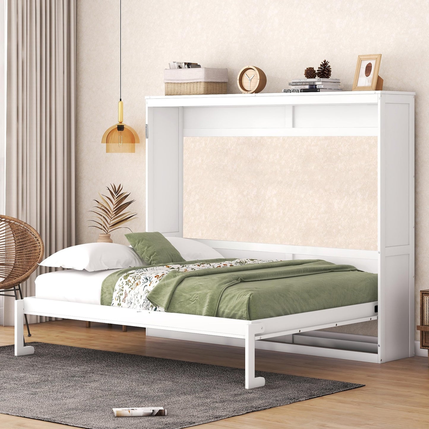 Merax Modern Farmhouse Solid Wood Murphy Bed Chest/Space Saving/Wood Slat Support/Queen,White