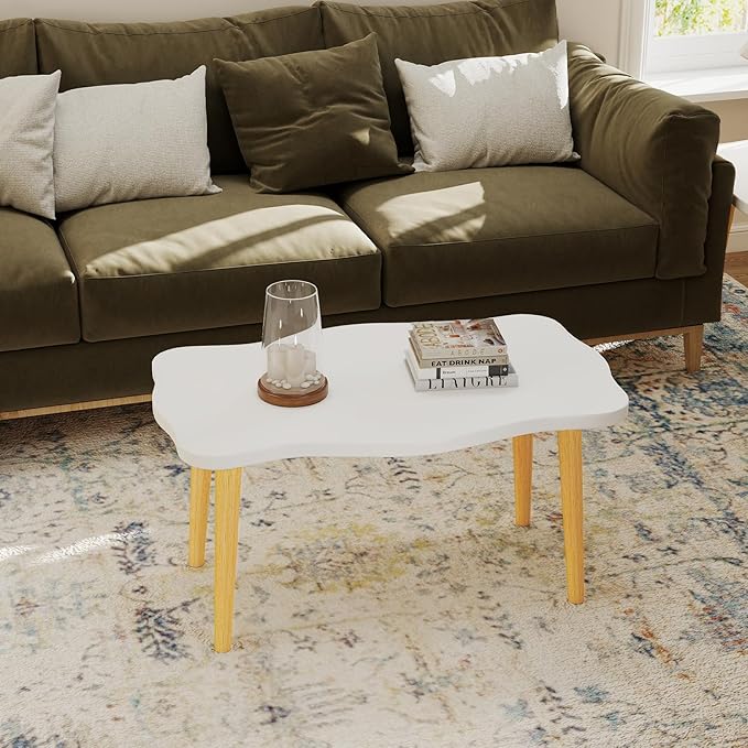 Funecy Cookie Coffee Table Low Table with 4 Solid Wood Sturdy Legs, Floor Table Desk for Sitting on The Floor, Storage and Living Room Furniture (White)