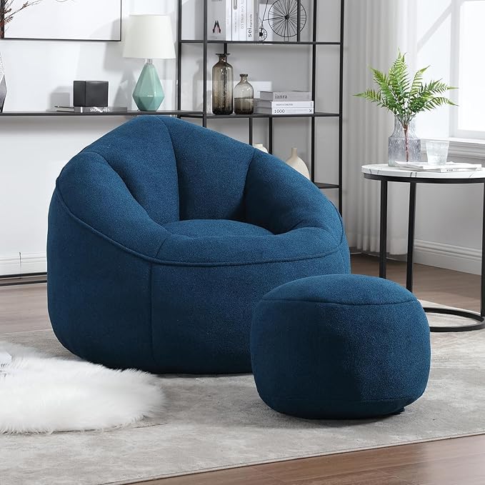 Bean Bag Chairs, Gaint Bean Bag Couch with Memory Foam for Adults and Kids, Microfiber Upholstered Sofa with Ottoman, Comfy Lazy Bean Bag Reading Chair for Living Room