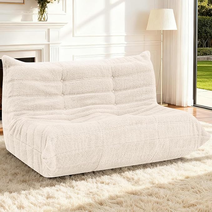 HABUTWAY Bean Bag Chairs Fireside Lazy Floor Sofa, Soft Teddy Fleece 2 Seater Sofa with High-Resilience Foam Filling，Beanbag for Living Room, Bedroom, Office (Beige Teddy)