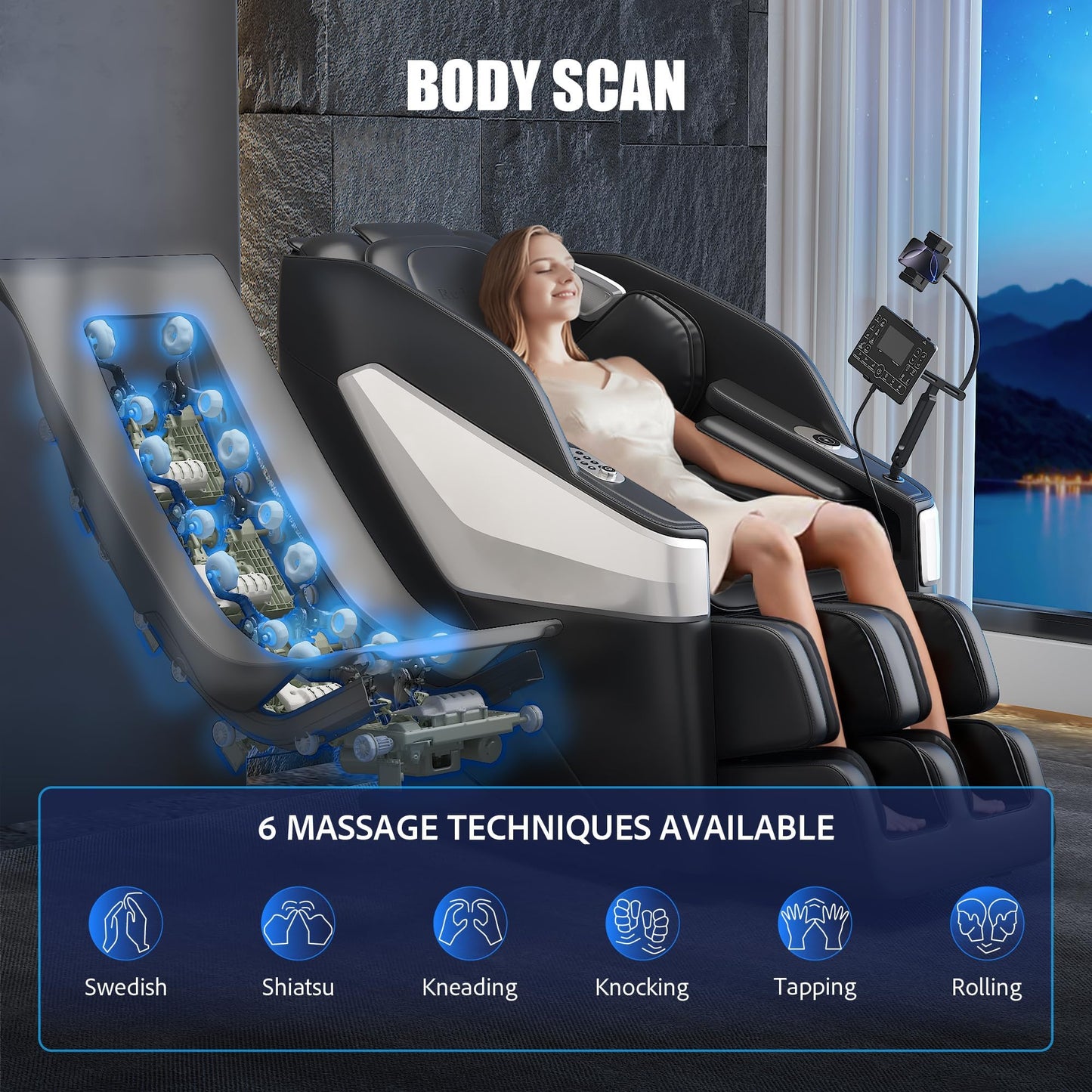 Redcamp Massage Chair Full Body: Zero Gravity with SL Track, 3D Robot Hands, Heat, Airbag Massage, Foot Roller, Bluetooth, Body Scan, LED Remote, Wireless Phone Charging,Black