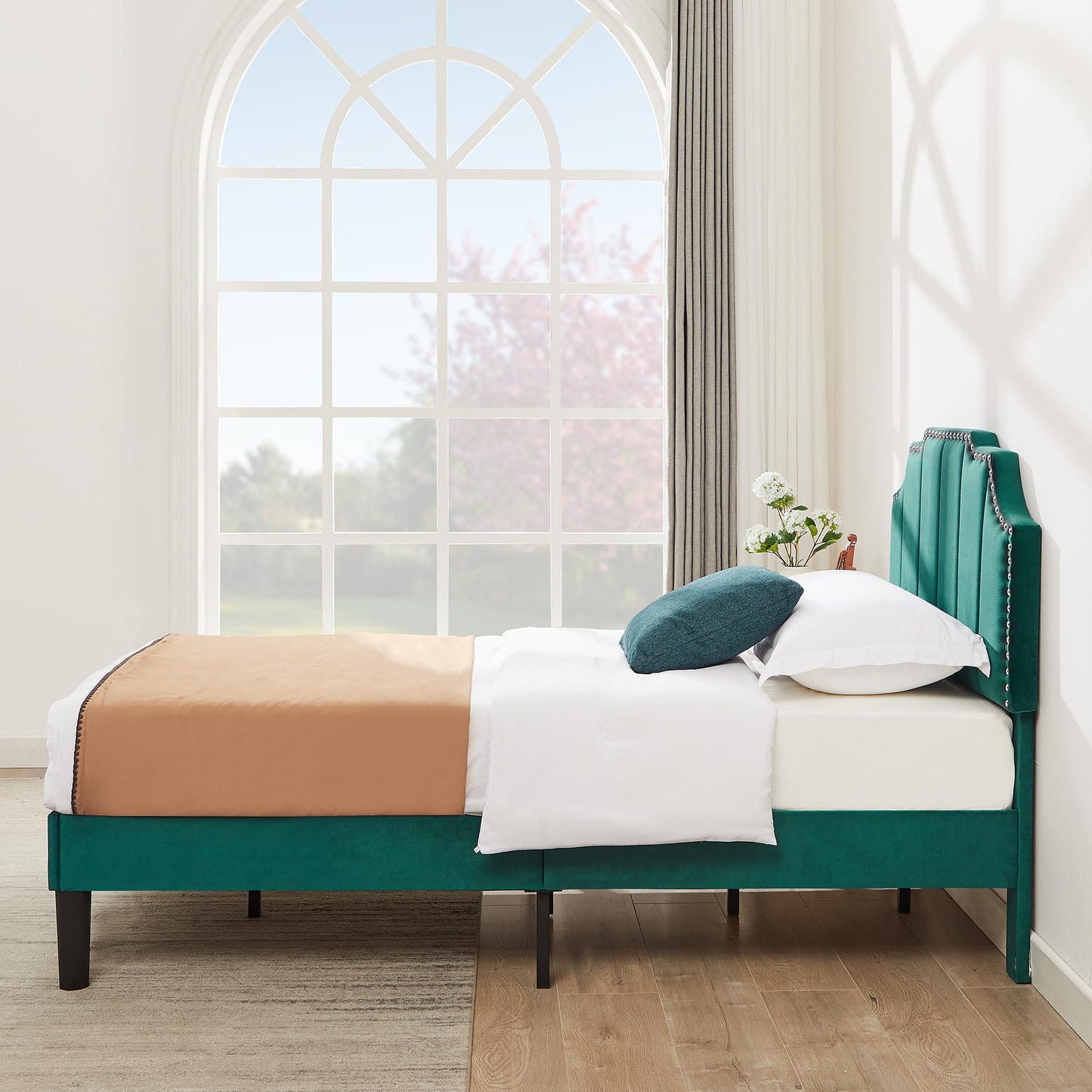 VECELO Twin Upholstered Platform Bed Frame with Tufted Adjustable Headboard/Mattress Foundation/Wood Slat Support,Easy Assembly,Dark Green