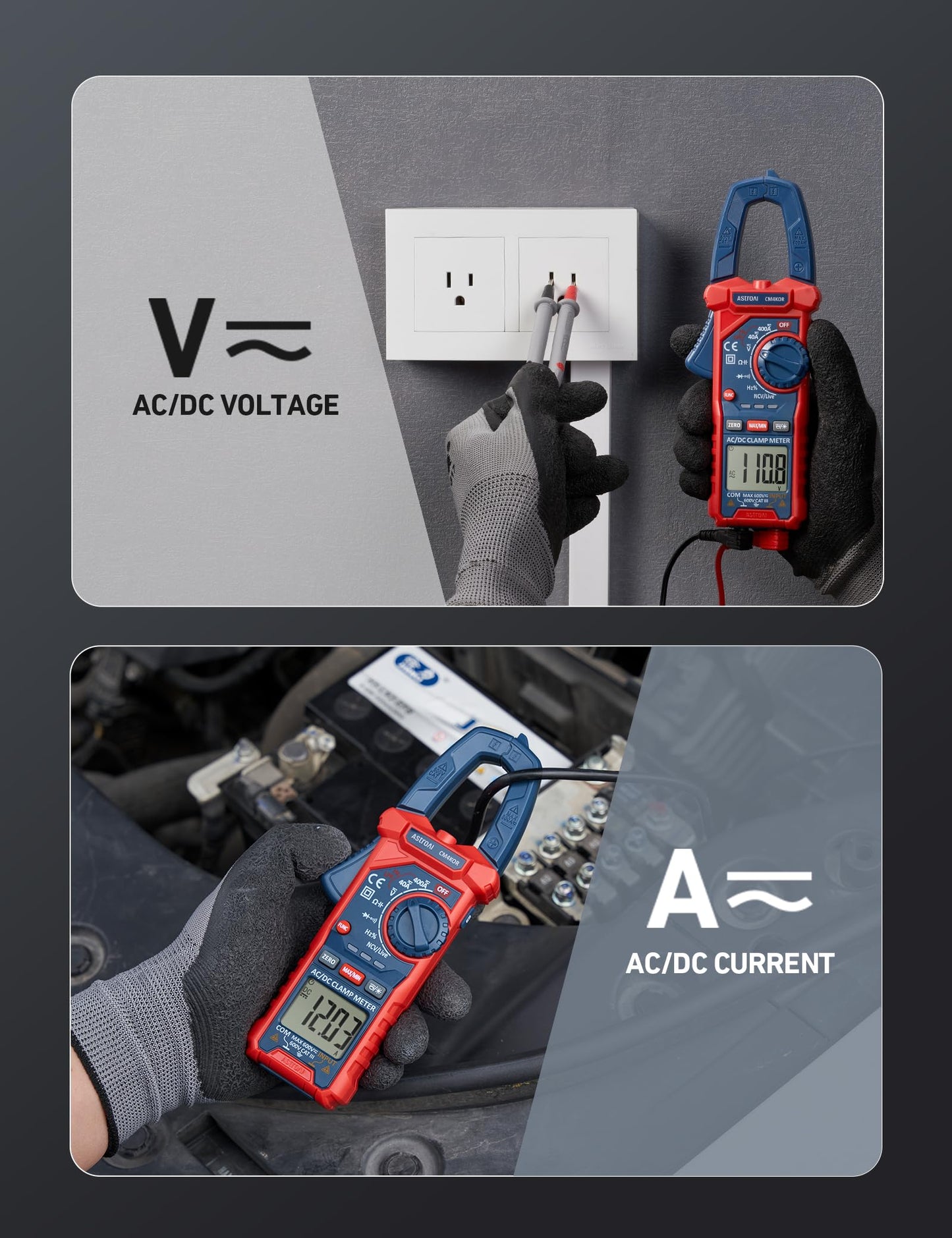 AstroAI Digital Clamp Meter Multimeter 4000 Counts Auto-ranging Amp Tester Measuring AC/DC Voltage & Current, Resistance, Capacitance, Frequency, Continuity, Live Wire Test, NCV Detection, Blue