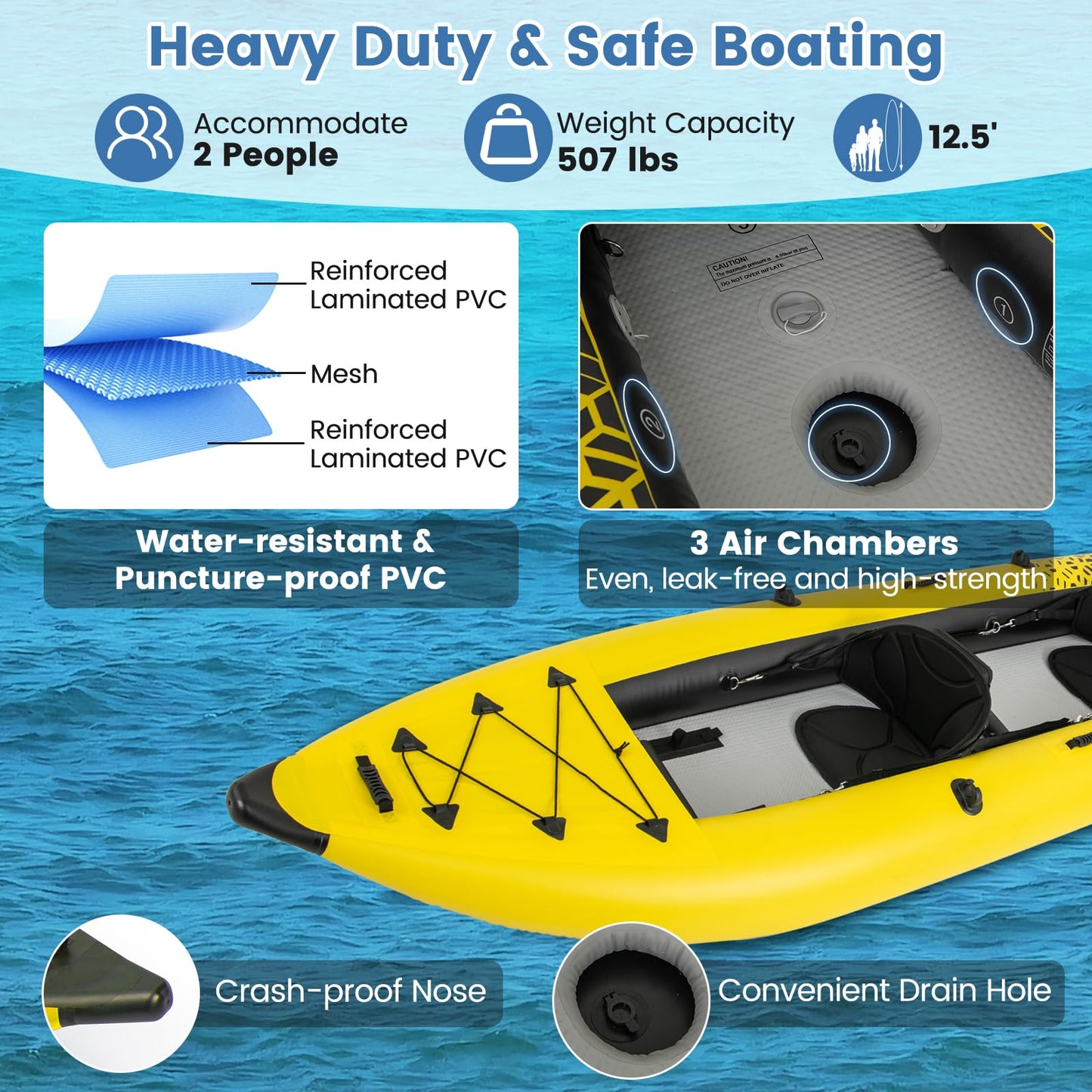 S AFSTAR Inflatable Kayak, 2 Person Canoe with 507 lbs Capacity, Drop-Stitch Floor, All Accessories & Carry Bag, 12.5 ft Large Sit in Tandem Kayak for Fishing, Camping & Exploring for Adults (Yellow)