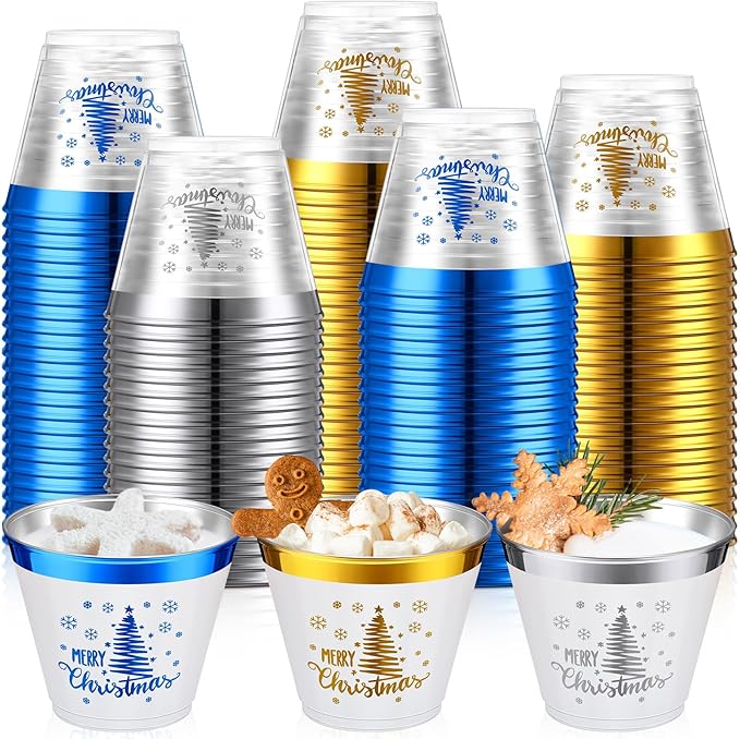 Jingmore 90 Pcs Disposable Christmas Cups 9 oz Hard Plastic Drinking Cups Christmas Tree Clear Wine Glasses Xmas Tree Tumb...