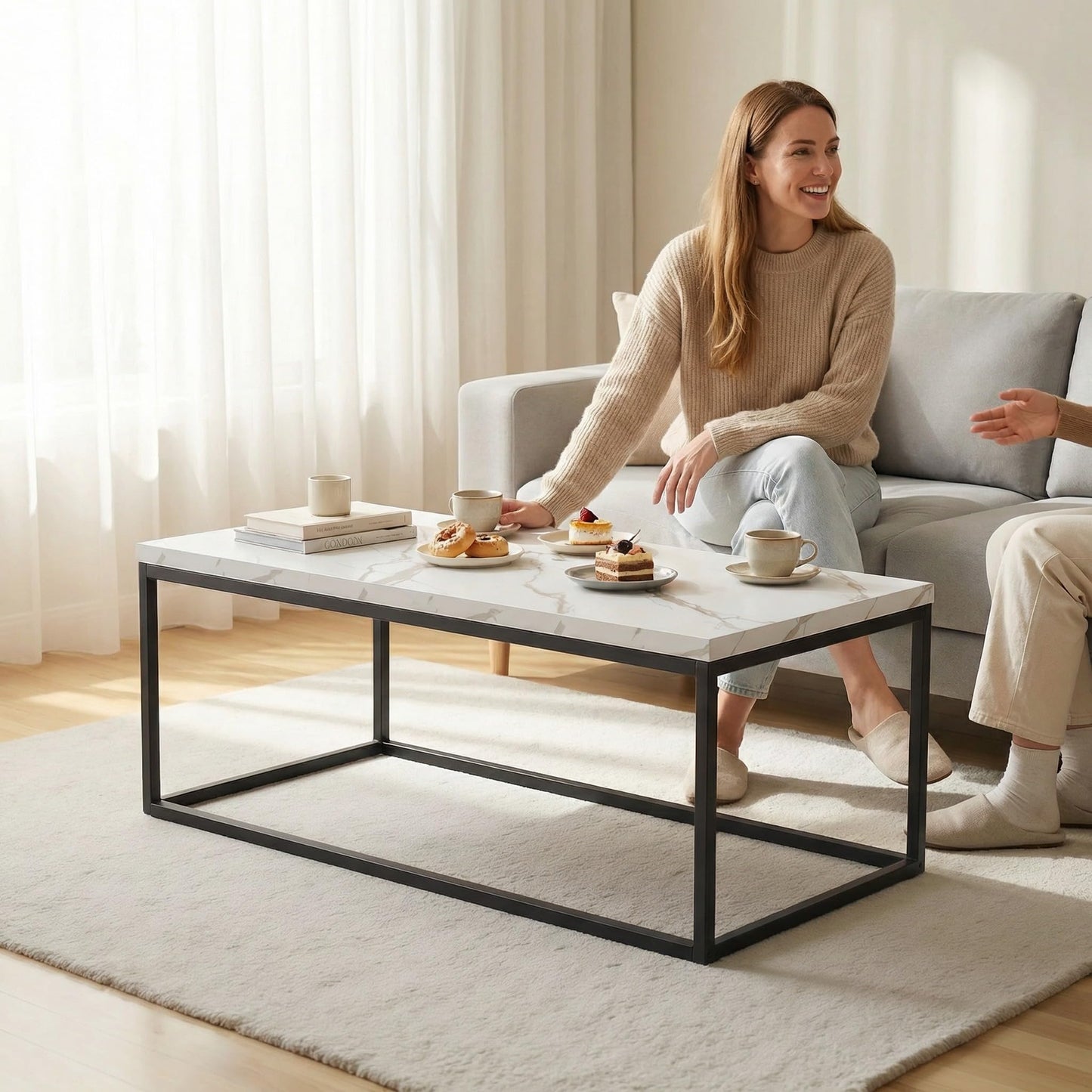 CENSI 40" White Marble Coffee Table for Living Room, Modern Rectangle Cocktail Table with Black Metal Legs, Industrial Faux Stone Center Table, Extra Thick Top, Sturdy & Easy Assembly