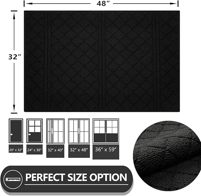 REFETONE Indoor Doormat, Front Back Door Mat 32"x48" Absorbent Rubber Backing Non Slip Door Mats, Low-Profile Resist Dirt Entrance Rugs, Machine Washable Door Rug Inside Floor Mat for Entryway, Black