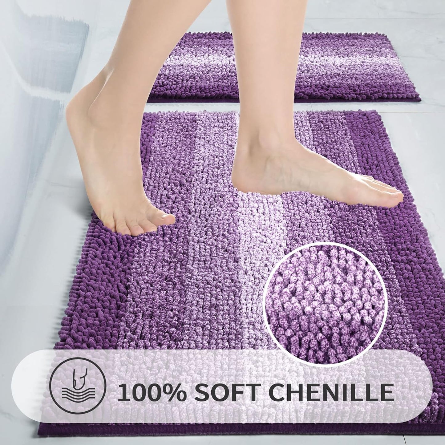 Gibelle Purple Bathroom Rug Set 2 Piece, Chenille Non Slip Bath Mat Set, Absorbent Shower Rug and Bath Room Floor Mats, Quick Dry Bathmat Bathroom Decor Accessories for Tub, 20" x 32"