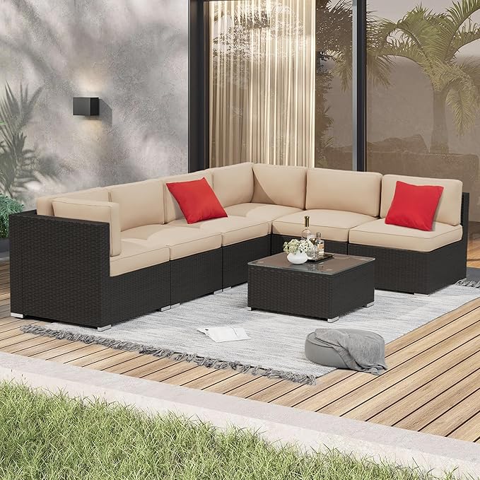 Crownland 7 Pieces Outdoor Patio Furniture Sets, All-Weather Black Wicker Rattan Sectional Sofa, Modern Glass Coffee Table and Washable Seat Cushion with Zipper,Light Brown