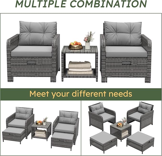 LHBcraft 5 Piece Patio Conversation Set Outdoor Patio Chairs with Ottomans Balcony Furniture with Soft Cushions & Coffee Table for Poolside Garden Balcony, Grey