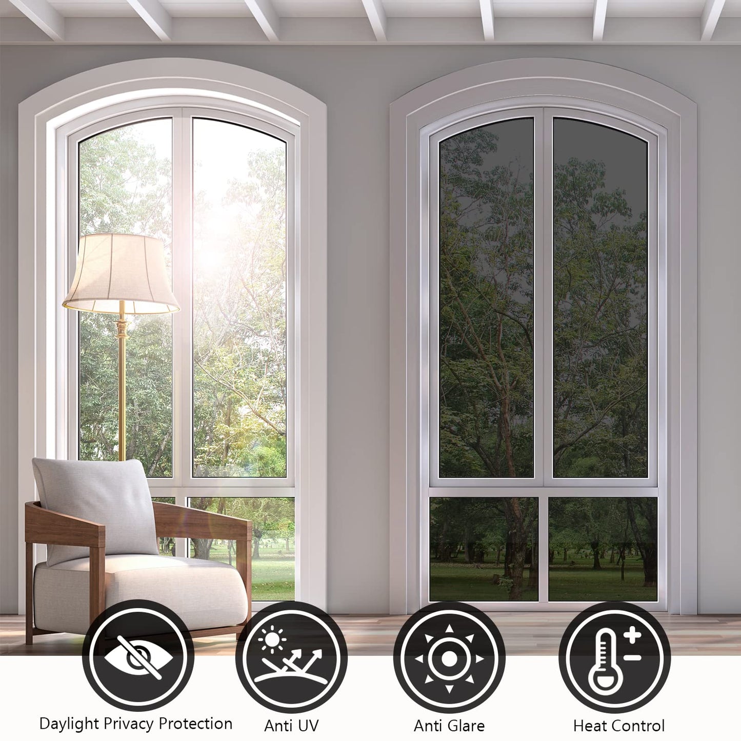 KESPEN Window Film One Way Daytime Privacy Heat Control Anti UV Non-Adhesive Reflective House Window Tint for Home and Office, Black-Silver, 35.4 Inch X 8.2 Feet