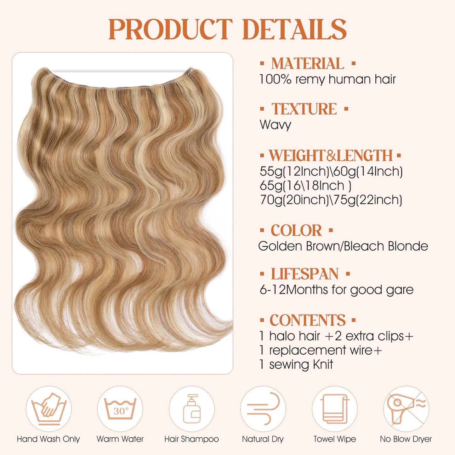 S-noilite Halo Hair Extensions Real Human Hair 14inch Short Wavy Halo Hair Extensions for Women Adjustable WireHair Extensions G