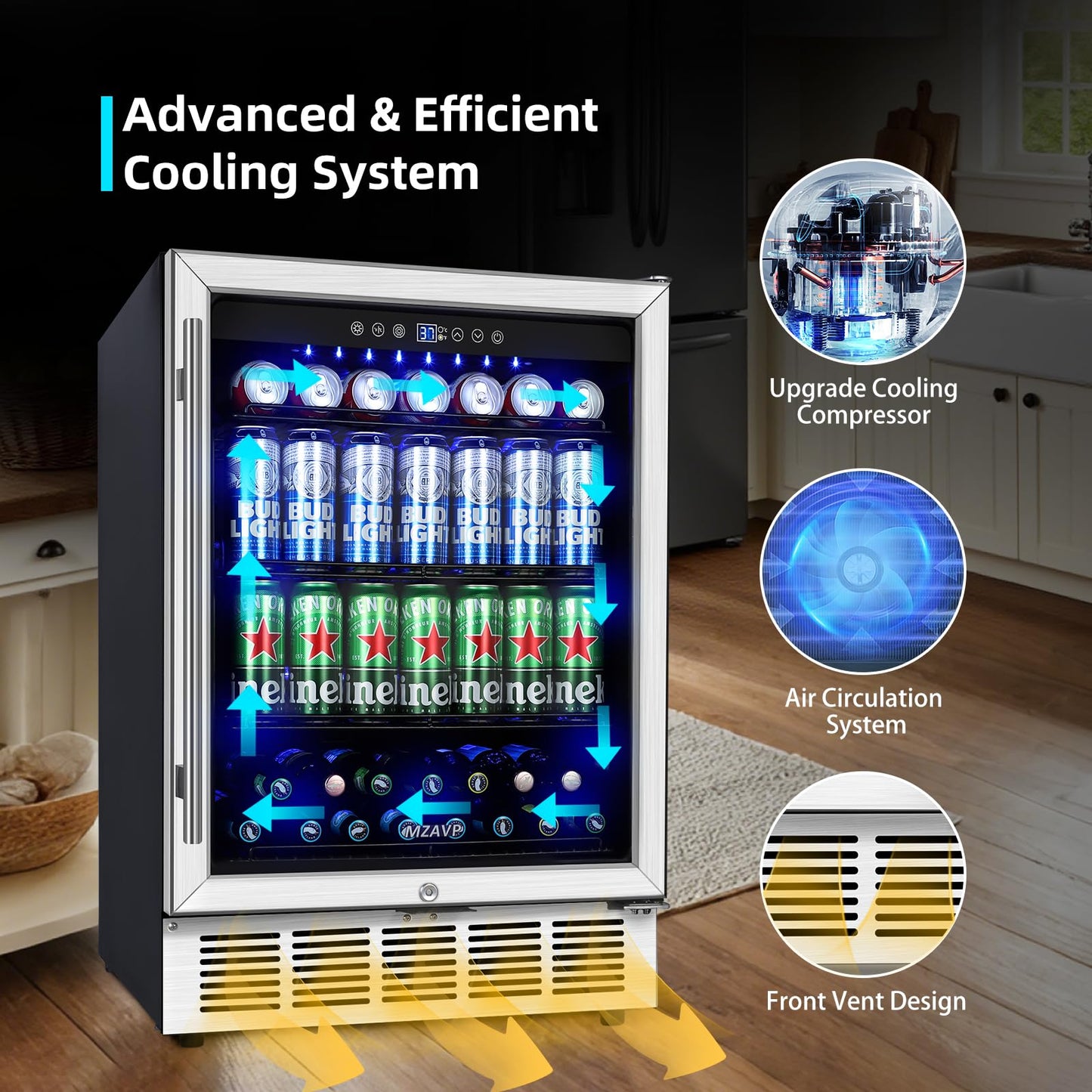 MZAVP 24 Inch Beverage Refrigerator, 180 Cans Built-in Beverage Cooler with Glass Door, Under Counter or Freestanding Drink Fridge with LED Light & Adjustable Shelves For Home Bar Office - Silver