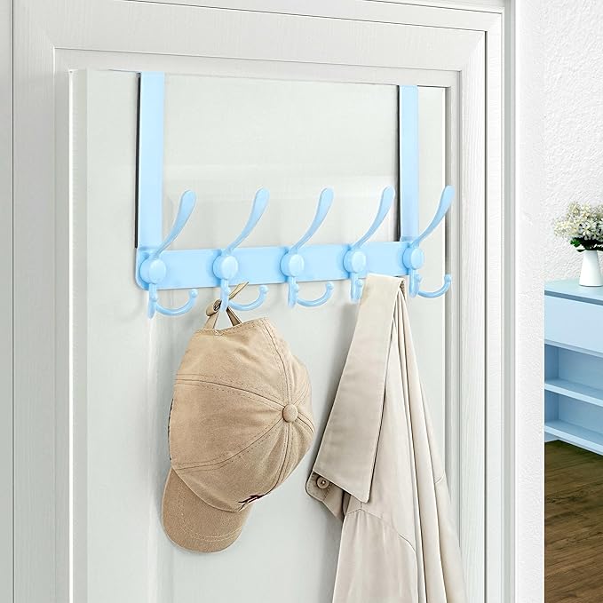 Dseap Over The Door Hook Hanger - 5 Tri Hooks, Heavy Duty Over The Door Towel Rack Coat Rack for Clothes Hat Towel,Blue