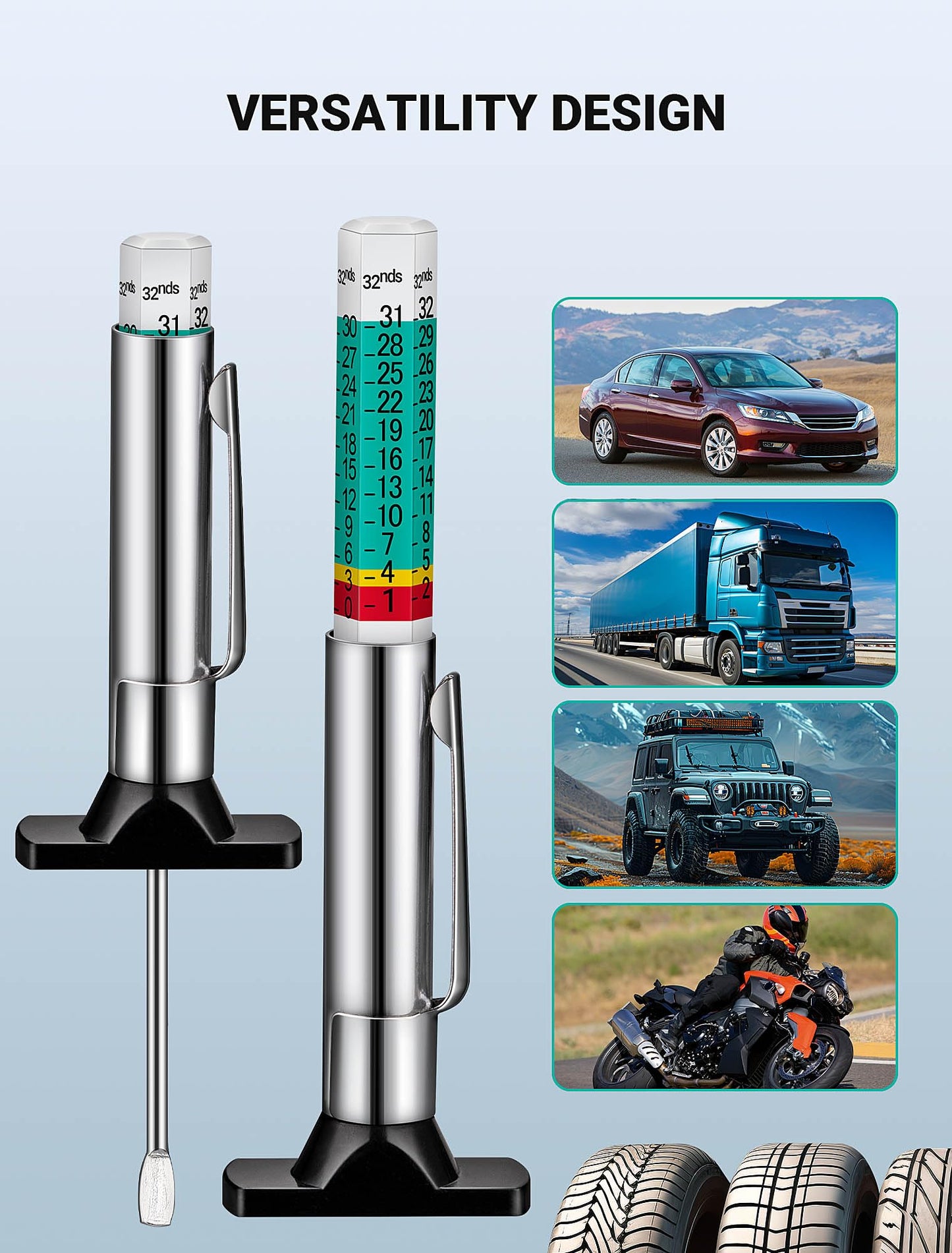 LUMITECO 2-Pack Tire Tread Depth Gauge, Color Coded Tire Depth Gauge with Pocket Clip in 1/32 Inch Increments, Accurate Tread Gauge Depth 32nds Measuring Tool for Car, Semi Truck Tire Tread Checker