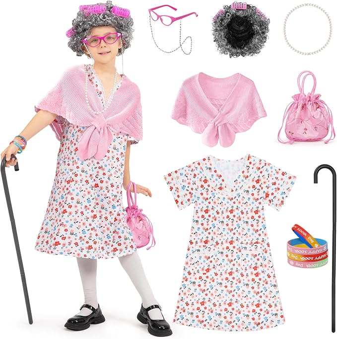 WooWee Kids Girl 100 Days of School Costume, Old Lady Costume for Kids, Halloween Cosplay Dress Up
