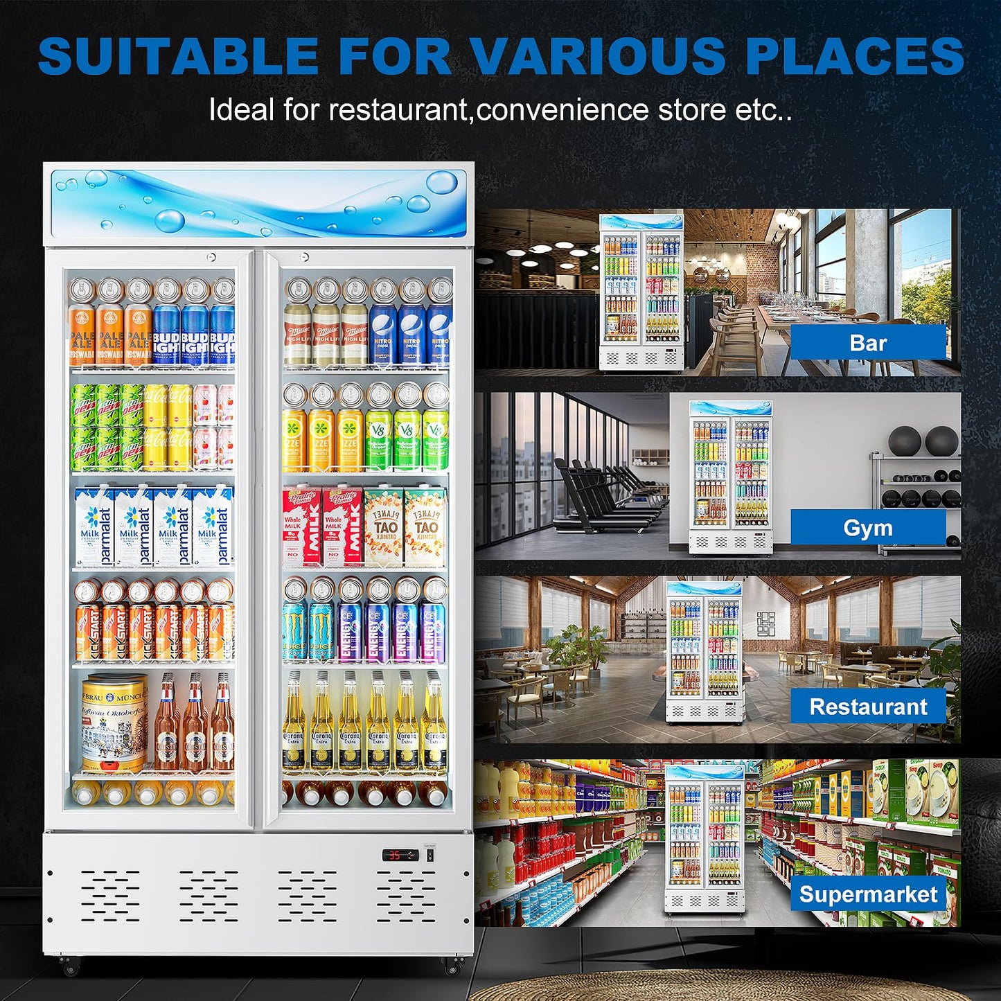ECEVT 41.34'' W Commercial Beverage Refrigerators, 30 Cu.ft Glass Door Refrigerator Commercial with LED Light and 10 Shelves, Display Refrigerator for Restaurant Store Cafe Bar, White