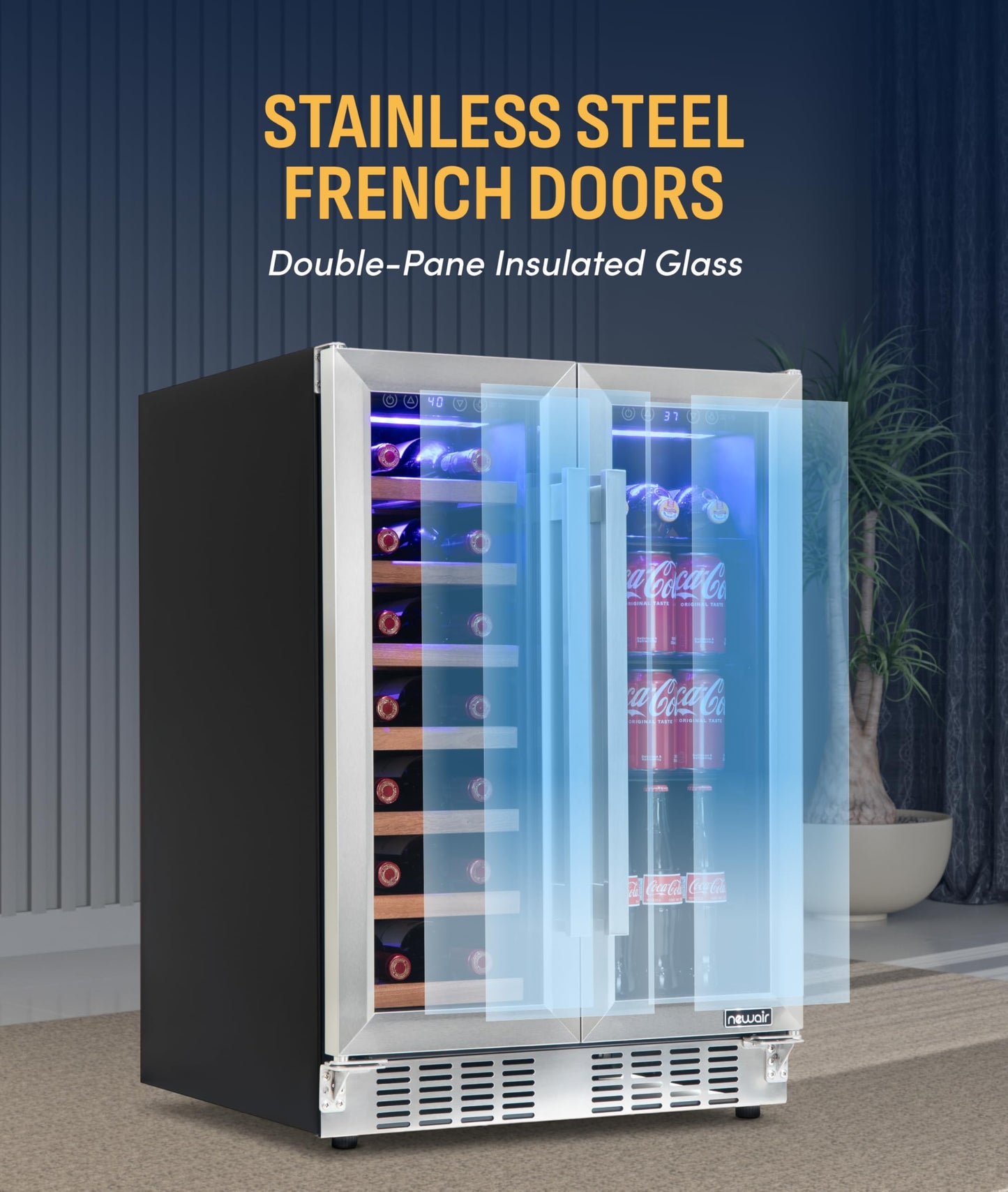 NewAir 24" Dual Zone Beverage Refrigerator & Wine Cooler for 20 Bottles & 78 Cans | Freestanding or Built-In Under Counter Mini Fridge for Beer, Wine and Soda | Stainless Steel