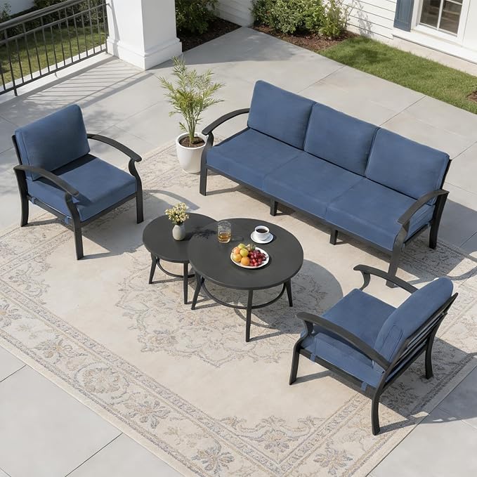 RTDTD Aluminum Outdoor Patio Furniture Set,5 Seats Patio Conversation Sets with 2 Round Coffee Tables,Metal Patio Sectional Furniture Set with 5.1" Thickened Cushions,Navy Blue