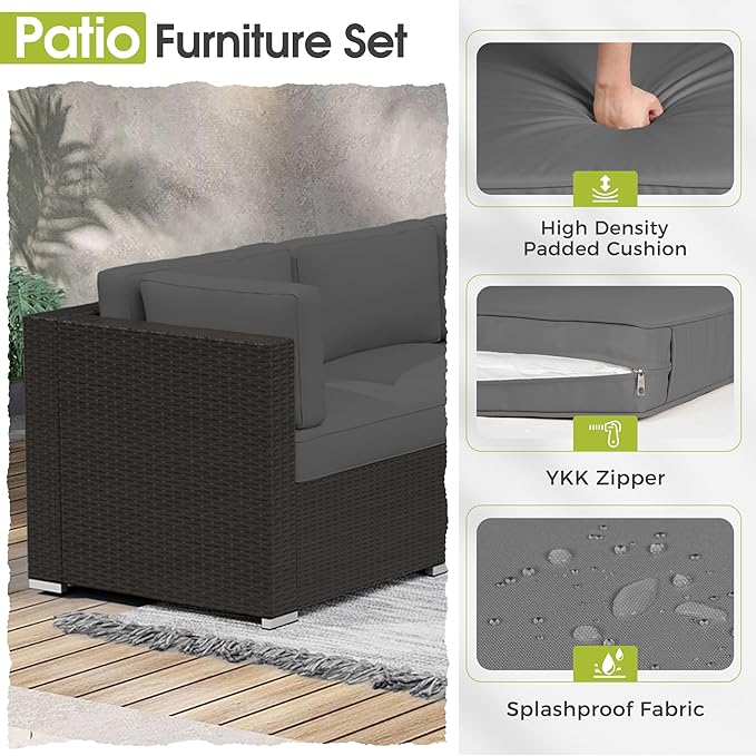 Crownland 7-Piece Outdoor Patio Furniture Sets, All-Weather Black Wicker Rattan Sectional Sofa, Modern Glass Coffee Table and Washable Seat Cushion with YKK Zipper (Grey)