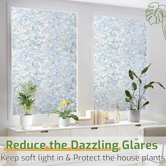 LUTE Window Privacy Film, Rainbow Window Flim, 3D Decorative Stained Glass Cling, Non-Adhesive Vinyl Static Cling UV Blocking Heat Control One Way Glass Covering for Home, Silver, 23.6 x 157.4 inches