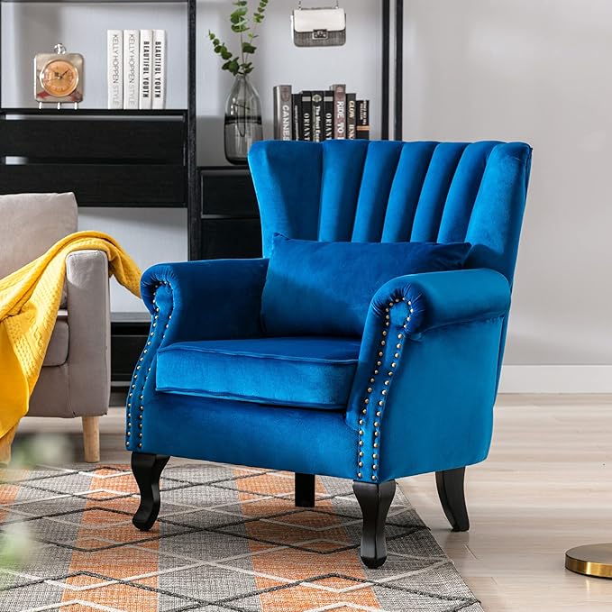 DM Furniture Accent Chairs Set of 2 with Arm Comfy Living Room Chair Mid-Century Modern Wingback Side Chair Velvet Single Sofa Couch for Bedroom Guest Room, Blue