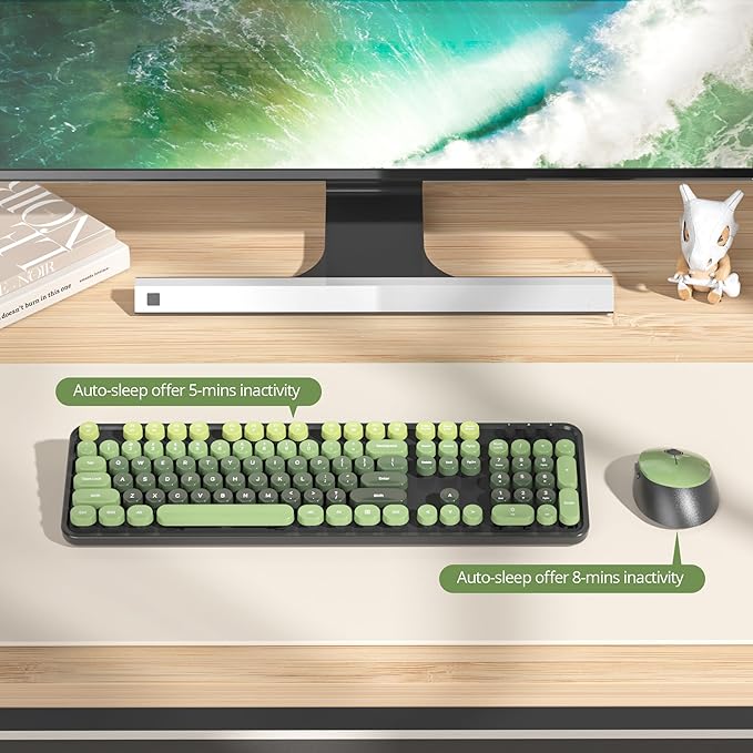 Wireless Keyboard and Mouse Set, Retro Typewriter, 2.4GHz Full Size 104-Key Cute Keyboard with Number Pad, Colorful with Round Keycaps for Windows PC Laptop(Dark Green)